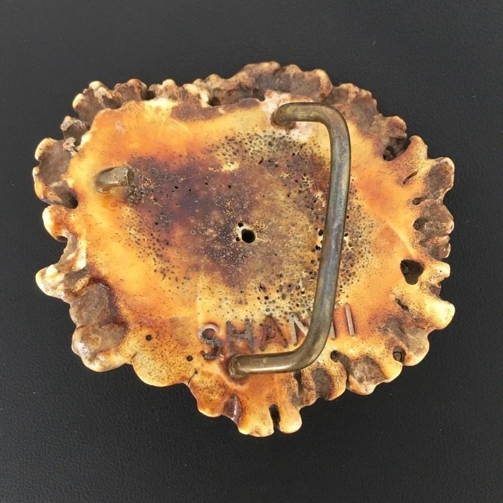 Vintage Handmade Western Antler Belt Buckle Blue Lapis Louise Signed Shanti